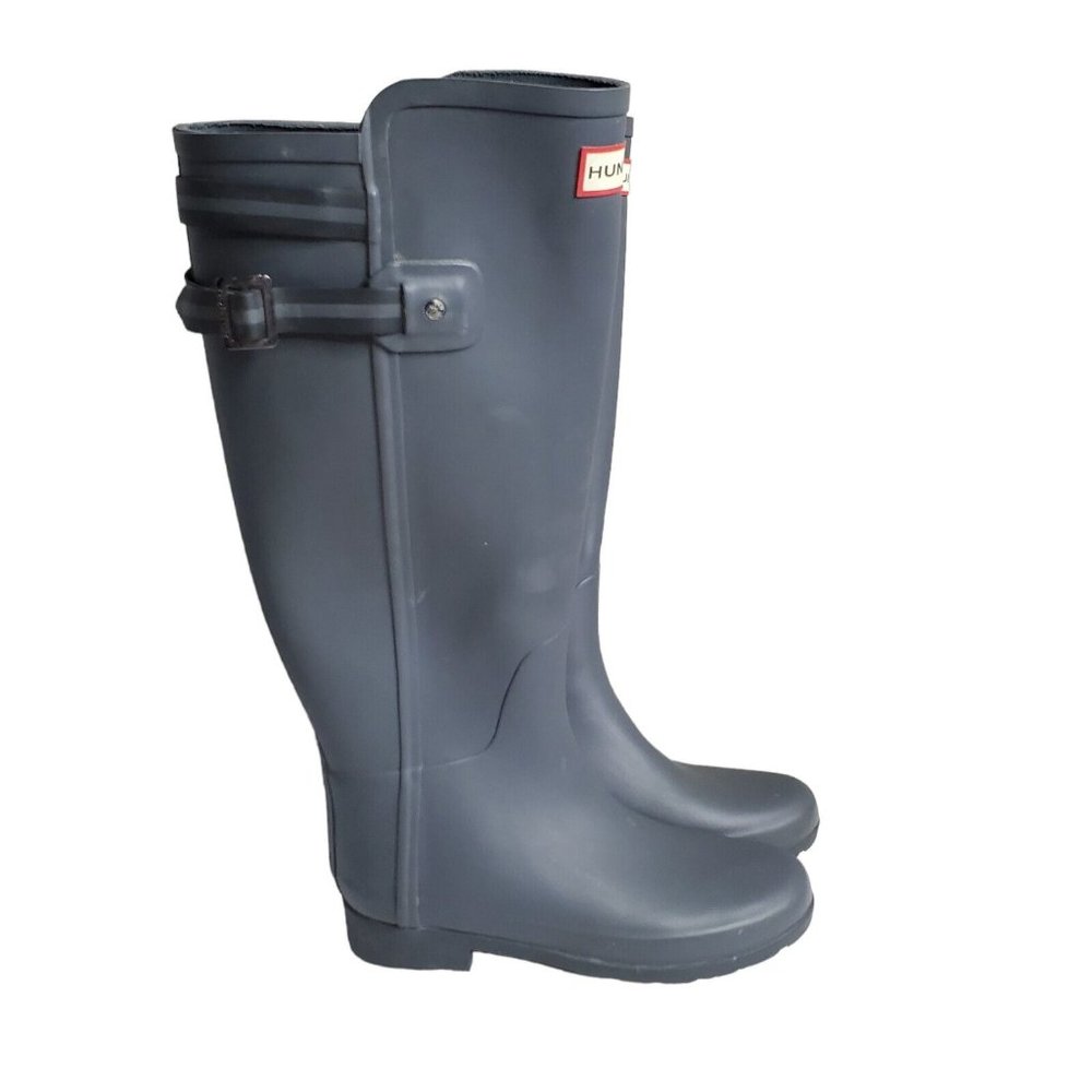 HUNTER Boots Original Tall Womens Sz 5 Adjustable Rain Rubber Grey Double Stripe
